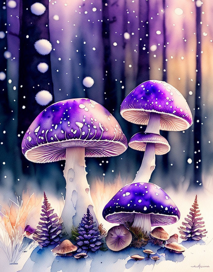 Colorful Mushroom Illustration in Whimsical Winter Forest