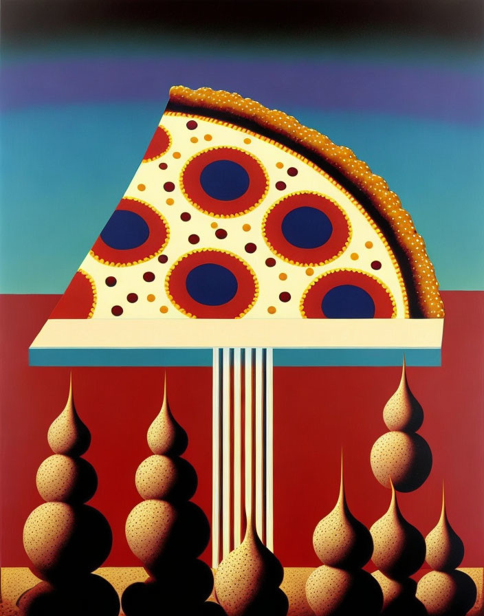 Surreal pizza slice on columns with pepperoni eyeballs & conical landscape