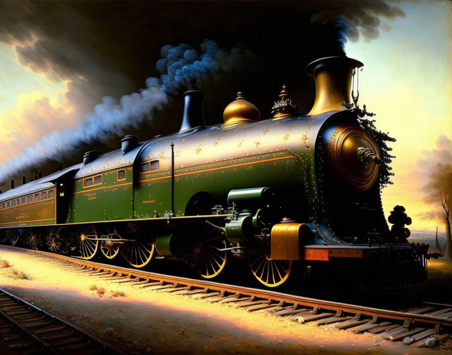 Vintage green steam locomotive with gold accents on tracks at dusk.