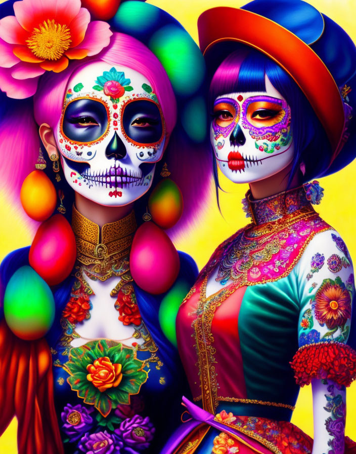 Women with colorful skull makeup in vibrant traditional outfits for Day of the Dead.