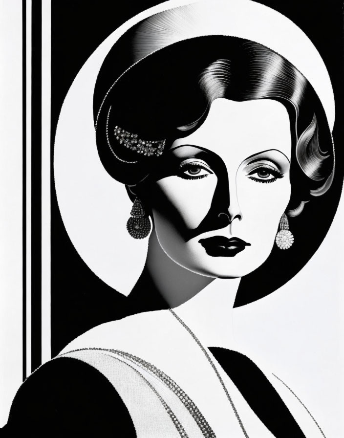 Monochrome portrait of woman with 1920s-30s style makeup and hair