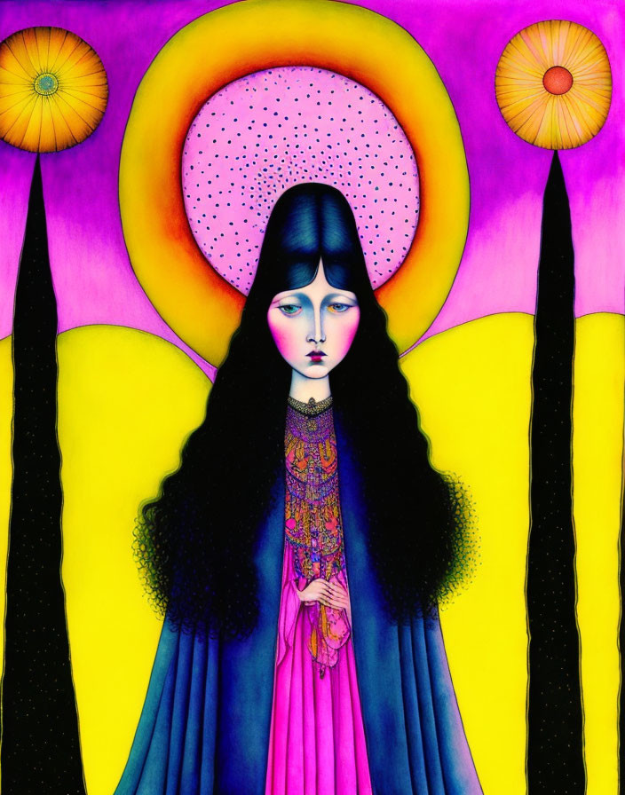 Stylized painting of woman with long black hair against vibrant background