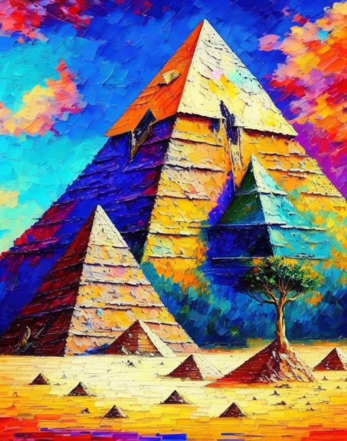 Colorful expressionist painting of Egyptian pyramids with textured strokes and a lone tree.