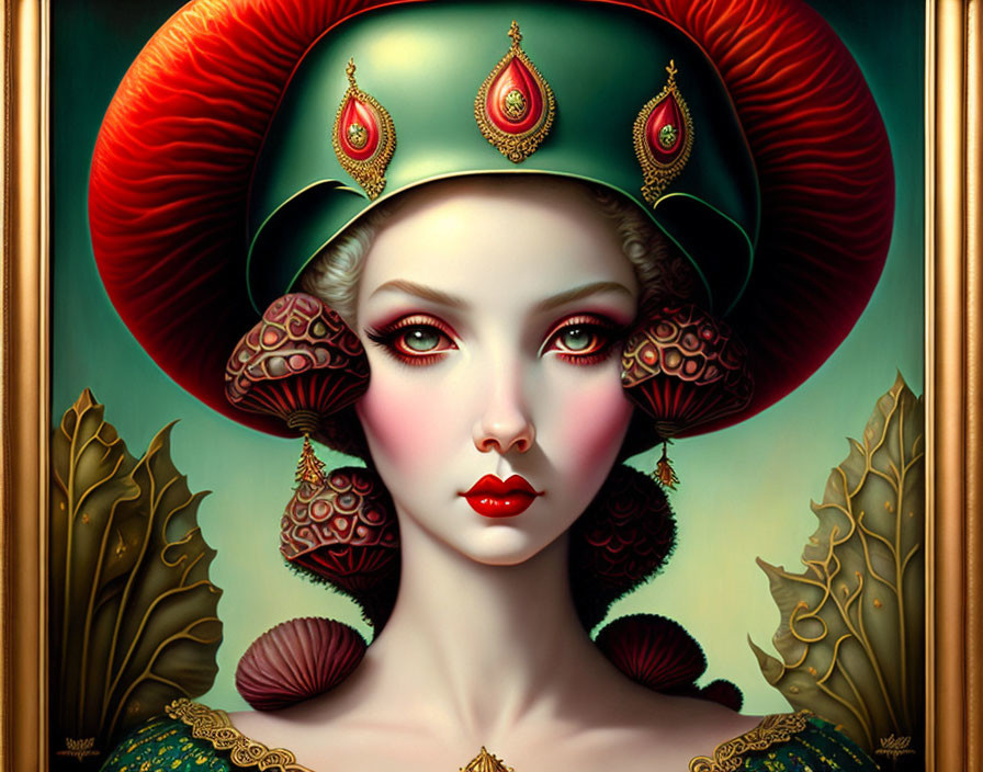 Stylized portrait of woman with red lips and ornate green headgear