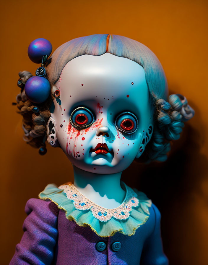 Blue-skinned creepy doll with red eyes in purple dress on orange background