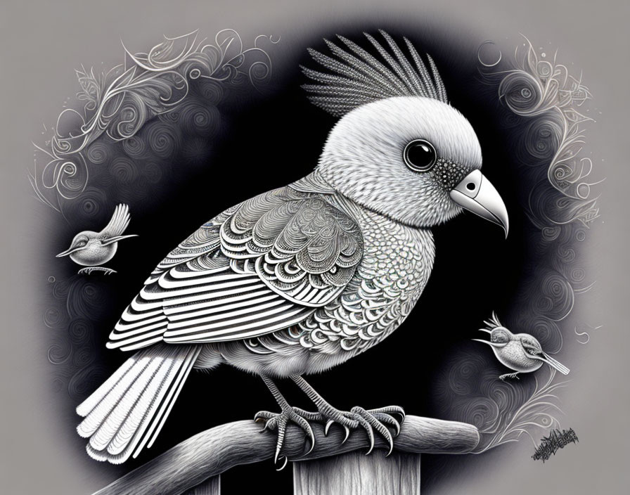 Monochrome stylized bird illustration with detailed feathers on branch, two smaller birds in decorative background.