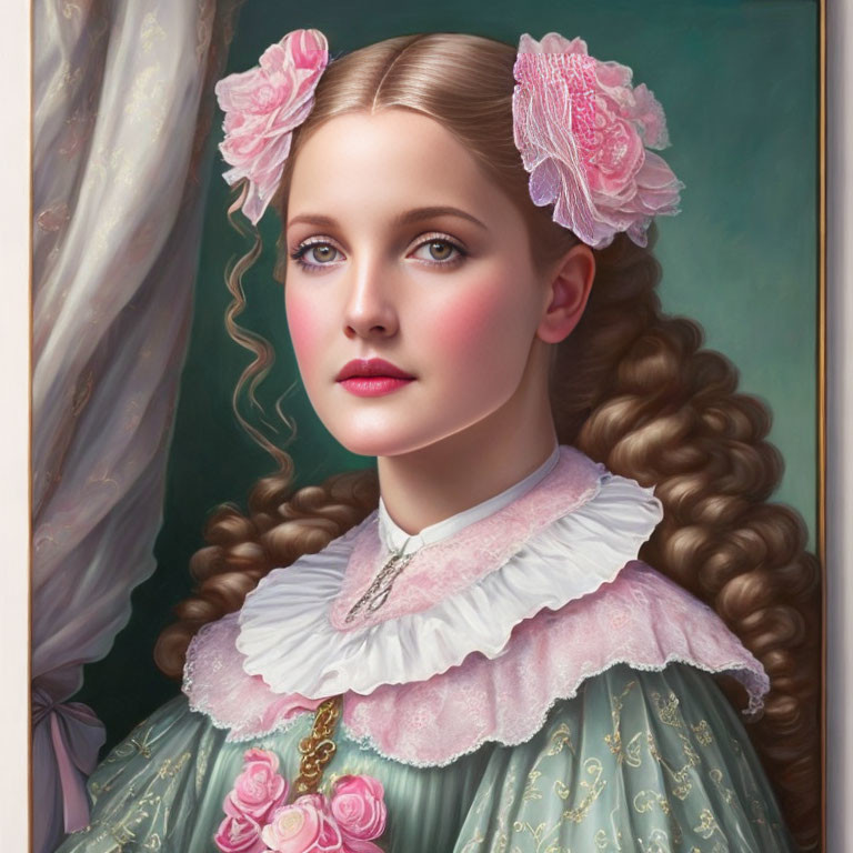 Victorian-Style Portrait: Girl with Pink Bows and Rosy Cheeks