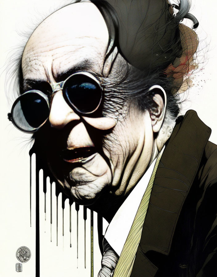 Man in Round Sunglasses with Prominent Nose and Coat in Stylized Ink Drip Effect