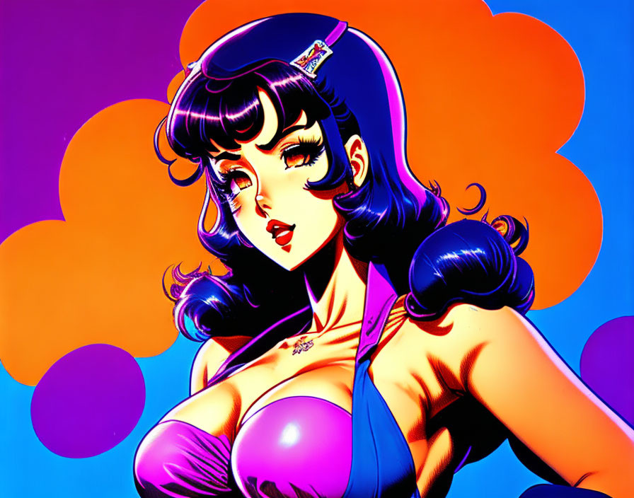 Woman with Voluminous Blue Hair & Purple Dress in Retro Aesthetic Illustration