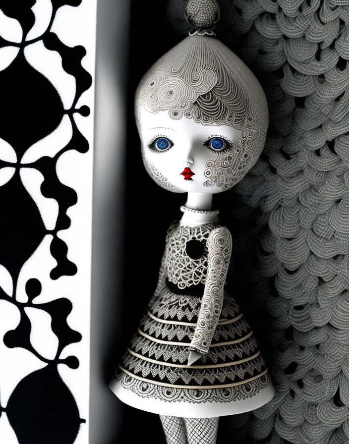 Monochrome doll with red lips and blue eyes on ornate background