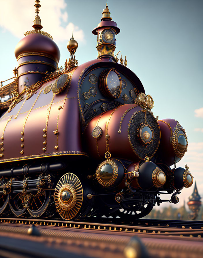 Detailed Steampunk-Style Train with Brass Decorations at Sunset