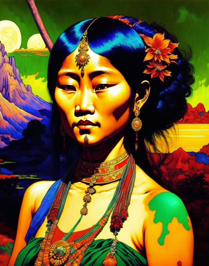 Colorful portrait of woman with blue hair and traditional accessories against mountain landscape.