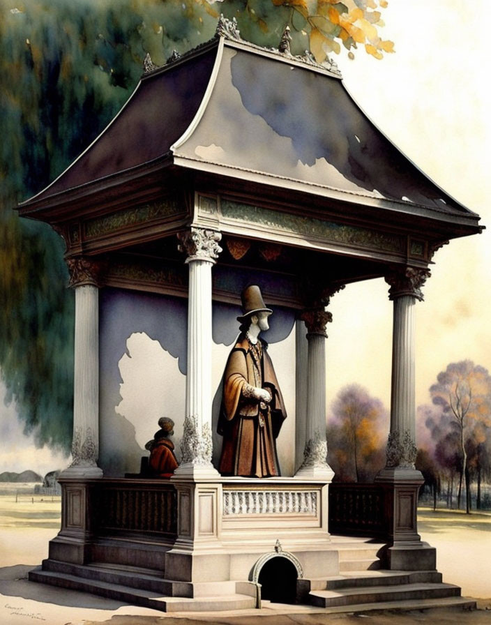 Victorian-style Gazebo with Period-Dressed Figures in Autumn Setting