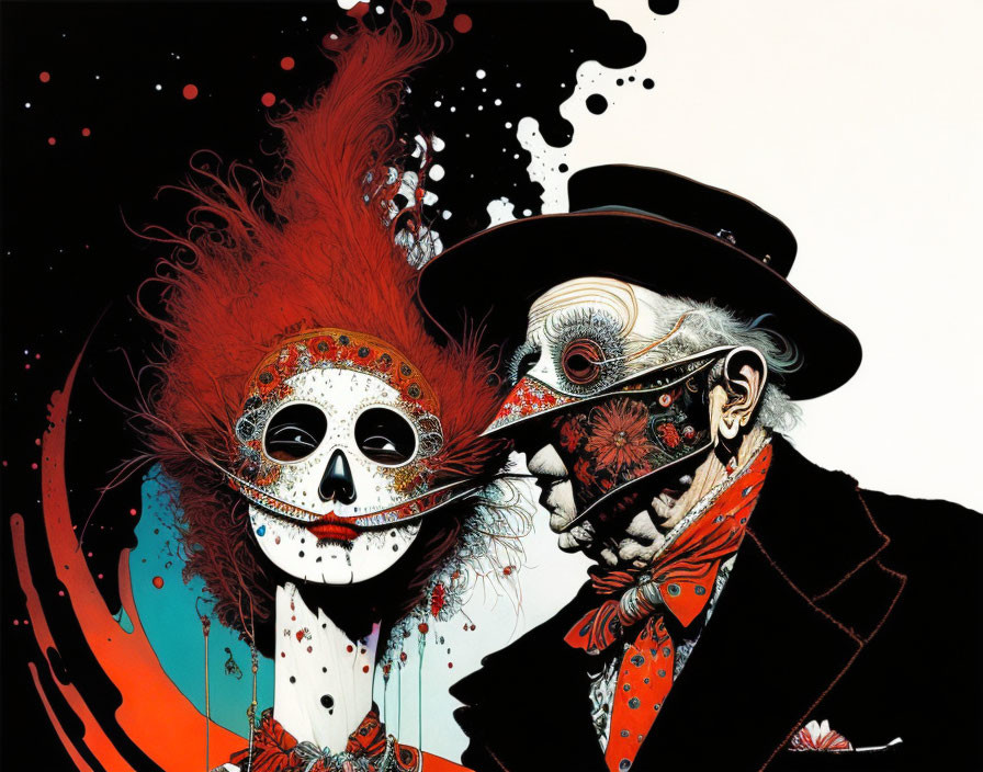 Detailed illustration of masked figure and skeletal being in elegant attire on black background.