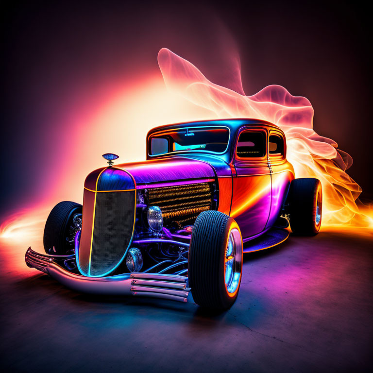 Neon-lit hot rod with fiery light trail on dark background