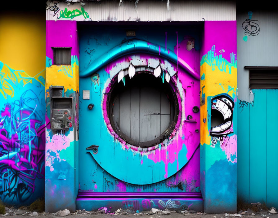 Colorful graffiti wall art with circular door mouth and sharp teeth.