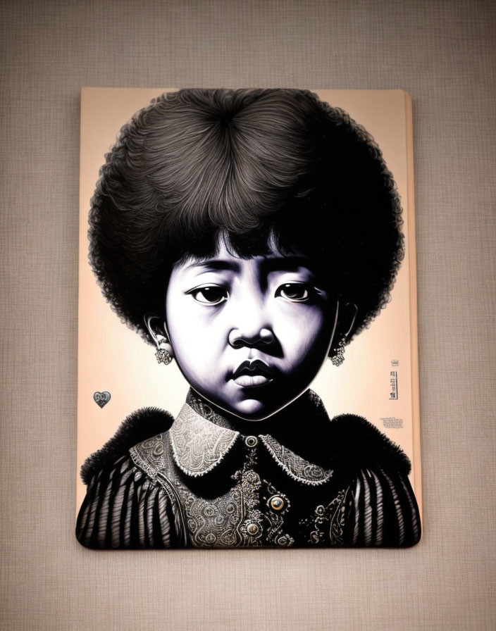 Monochrome portrait of young child with afro hairstyle in vintage garment against beige background