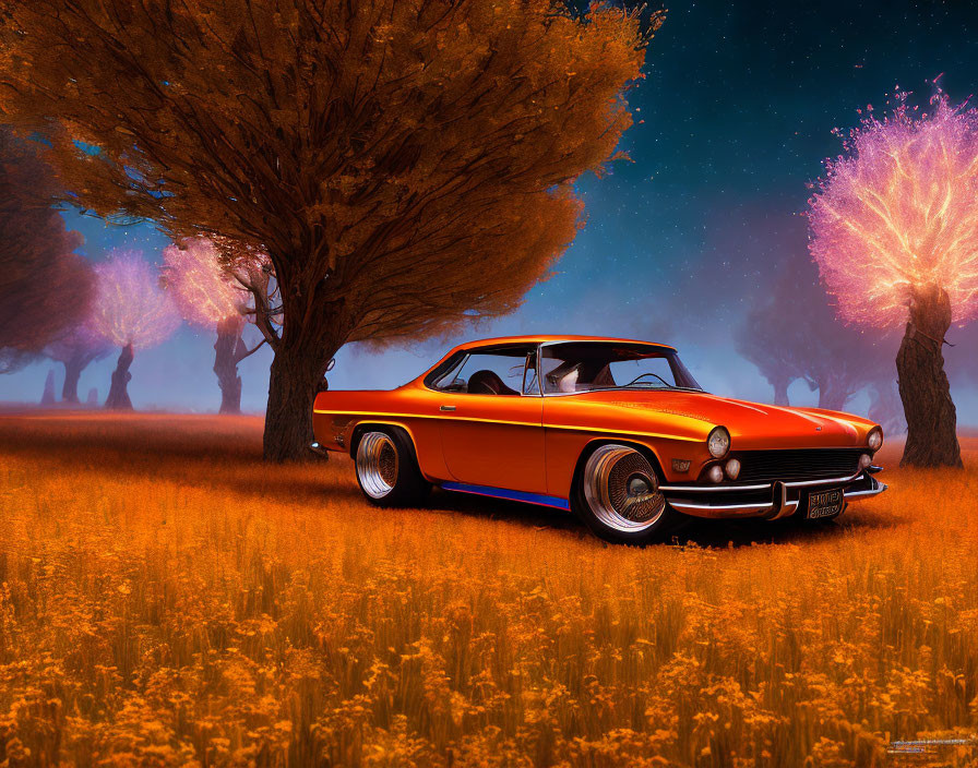 Vintage orange car under glowing autumn canopy in surreal landscape