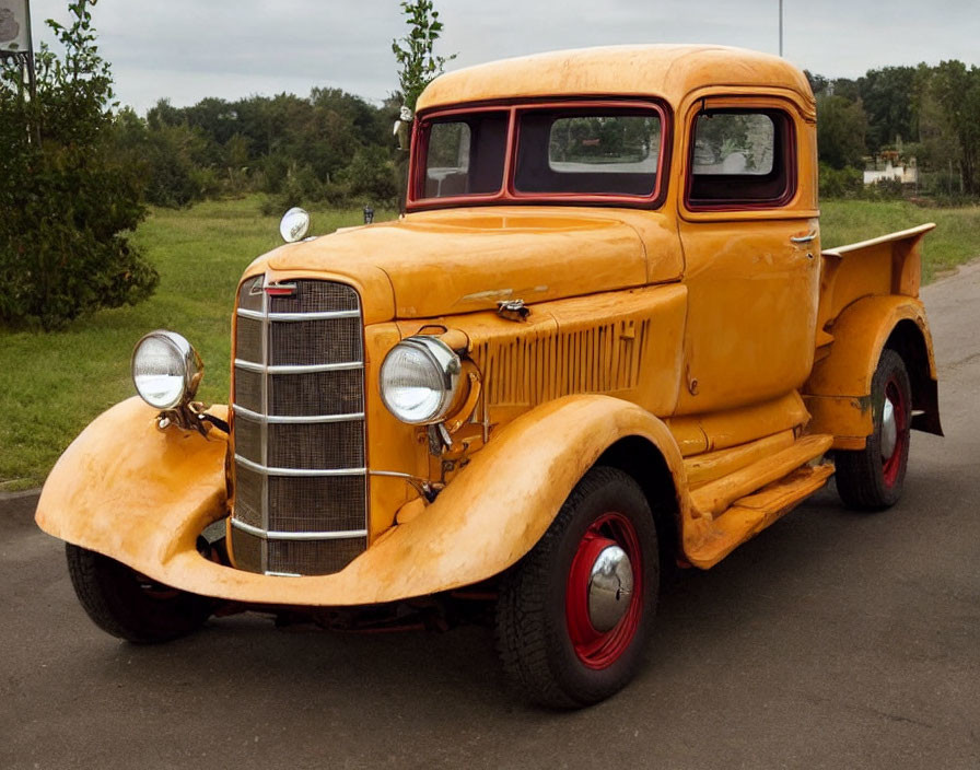 Vintage Yellow Pickup Truck with Red Wheels and Chrome Details