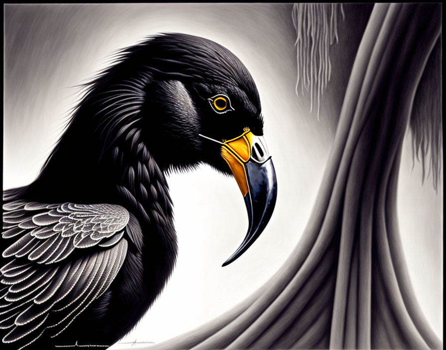 Detailed black bird illustration with prominent beak and yellow eye on monochromatic backdrop