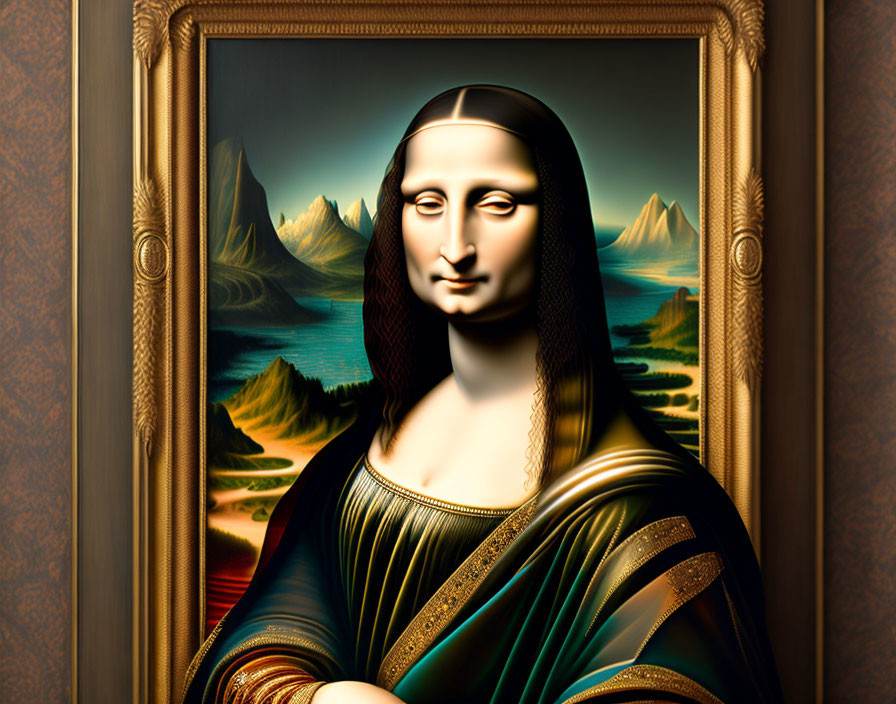 Exaggerated Mona Lisa Portrait in Surreal Landscape Frame