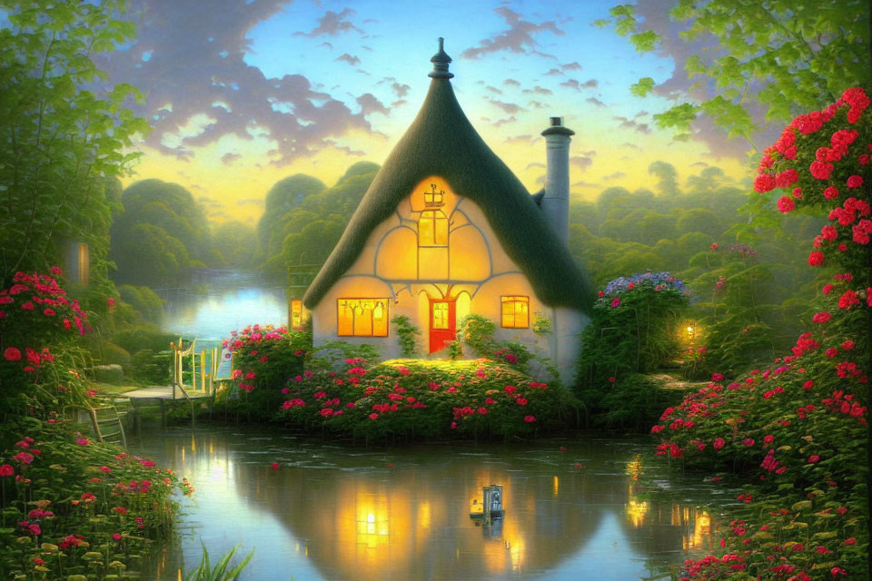 Charming Thatched Roof Cottage with Illuminated Windows and Garden Pond at Twilight