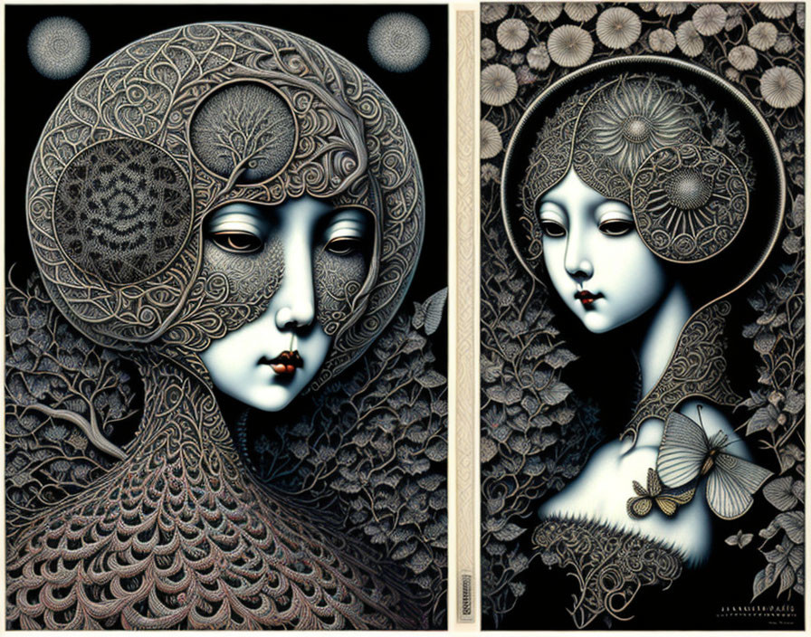 Stylized portraits of a pale woman with intricate face tattoos, surrounded by floral motifs.