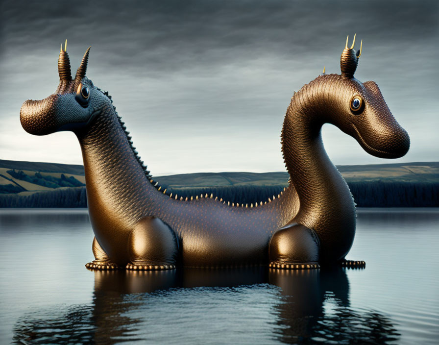 Digital illustration: Mythical two-headed serpent with horns and golden accents on calm water under dusky sky