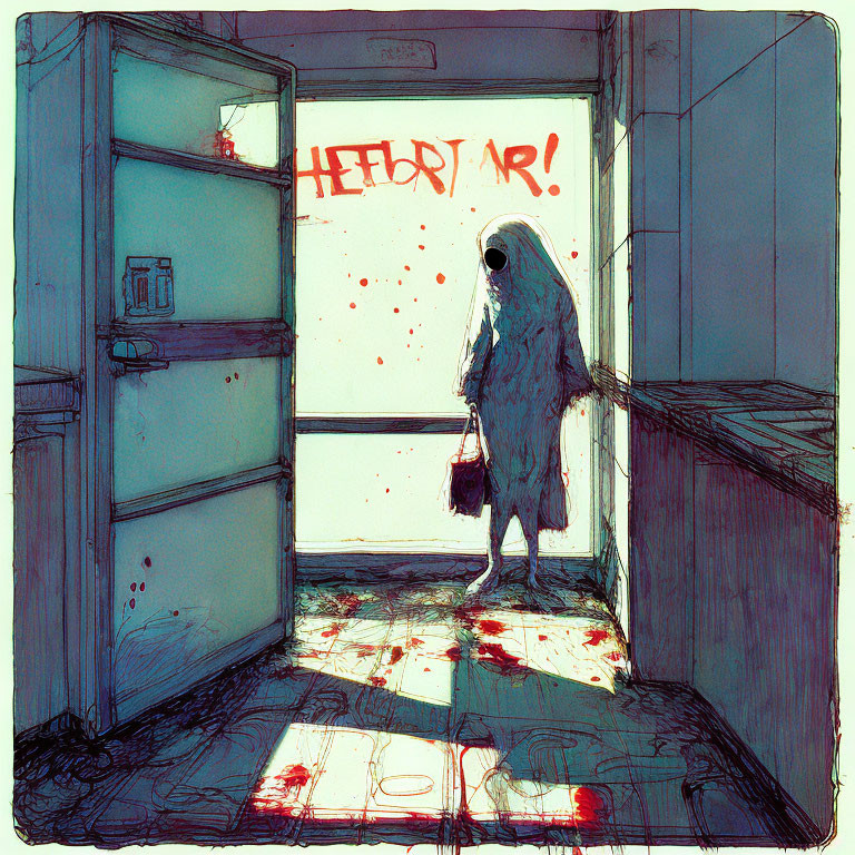 Spooky spectral figure in hoodie in blood-splattered corridor with "HELLO!?" on wall