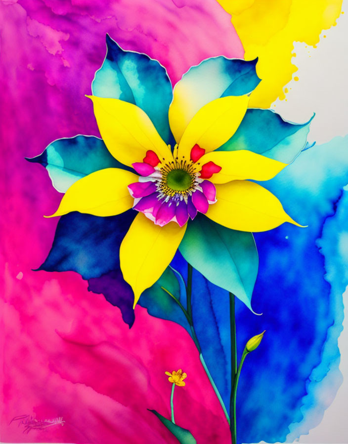 Colorful watercolor painting of yellow flower on pink, blue, and yellow background