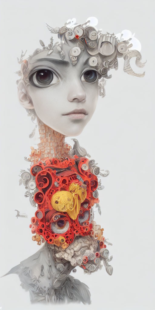 Surreal humanoid figure with expressive eyes and intricate neck structure