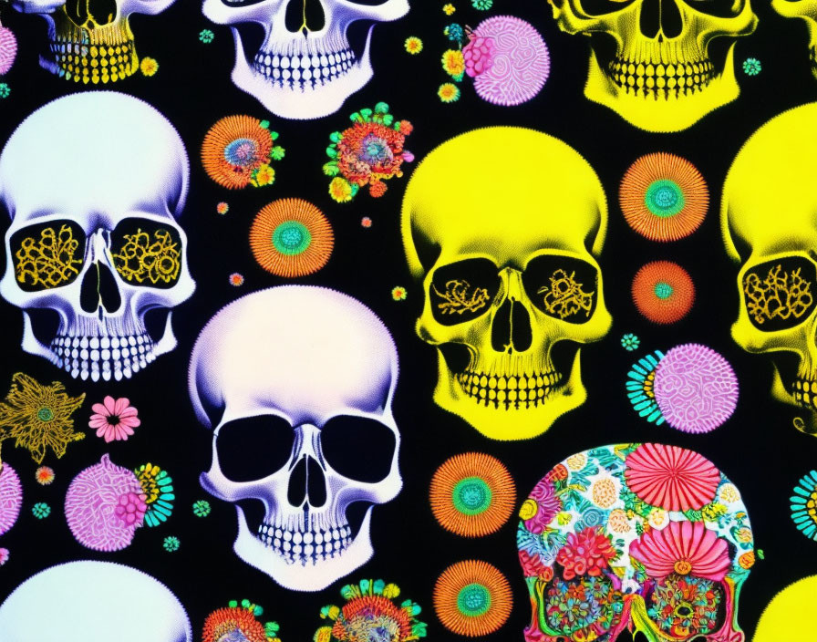 Neon-Colored Skulls & Floral Designs on Black Background