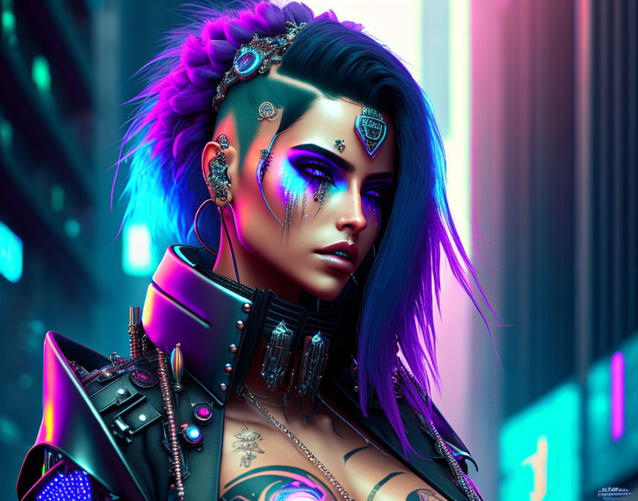 Cyberpunk female character with blue and purple hair, futuristic tattoos, and cybernetic enhancements in