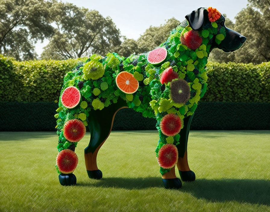 Vibrant Dog-Shaped Topiary with Citrus Fruit and Green Foliage