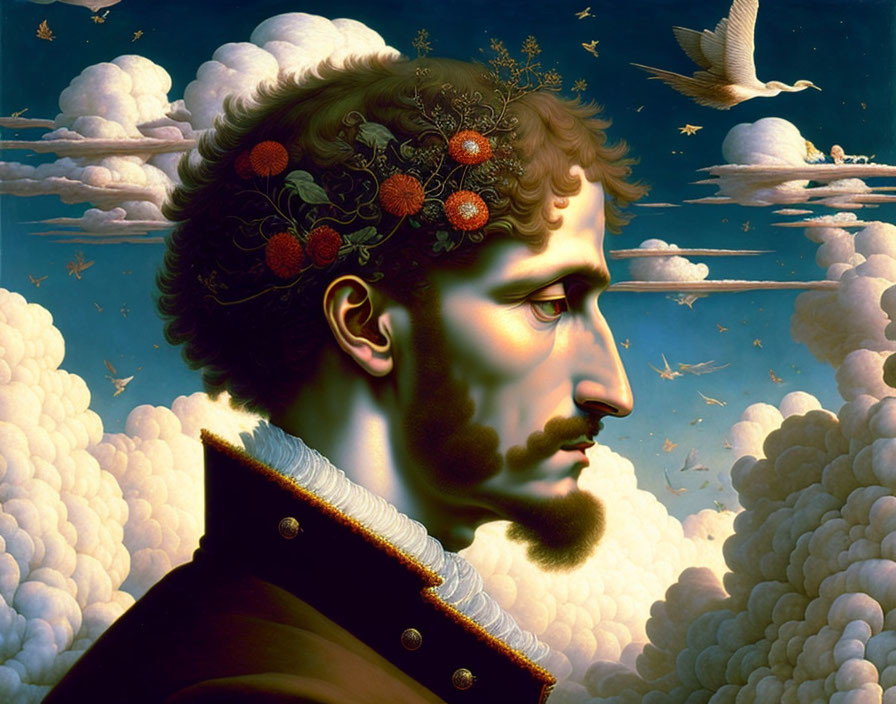 Surreal portrait: man with strawberries, lace collar, clouds, flying dove