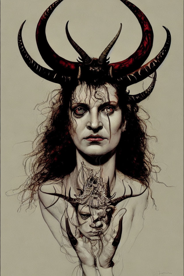 Illustration of person with long hair and horns holding smaller horned figure