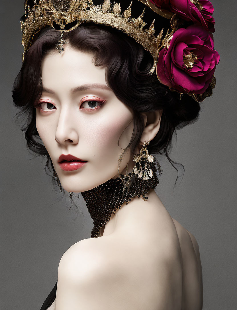 Regal woman with pale skin in golden crown and magenta flower.