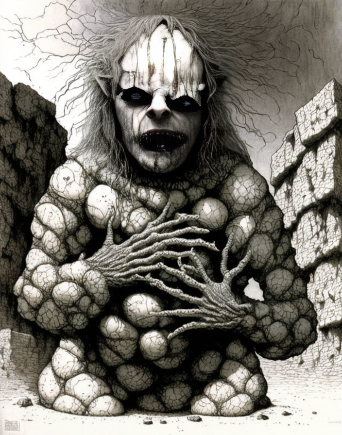 Stone-skinned creature with white face paint and dark eye makeup among rocks