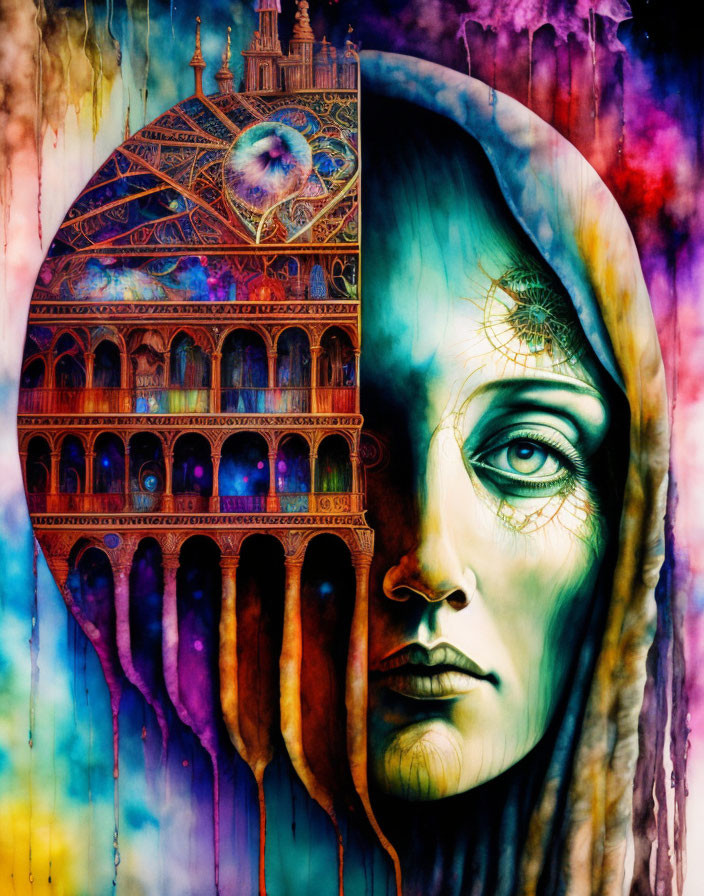 Vibrant artwork blending architecture and surreal portrait.