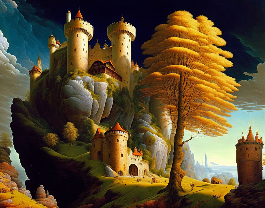 Majestic castle on rocky hills in fantastical landscape