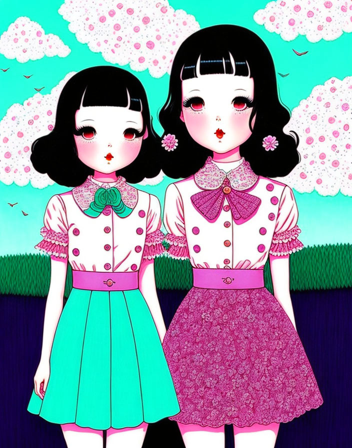 Illustrated vintage-style girls with large eyes in whimsical setting