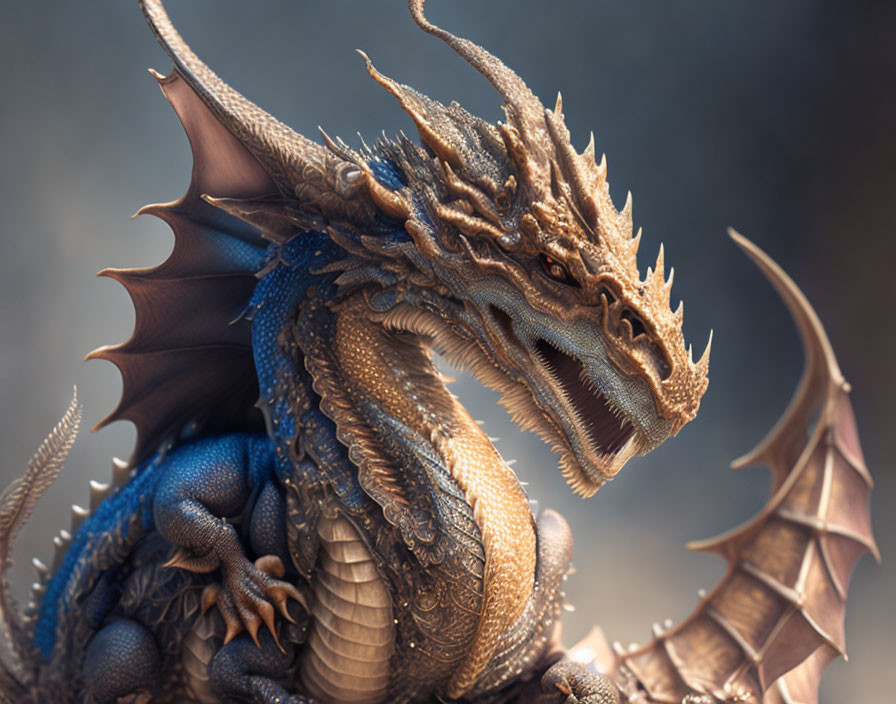 Detailed Close-Up of Majestic Fantasy Dragon with Intricate Scales, Large Winged Spines,