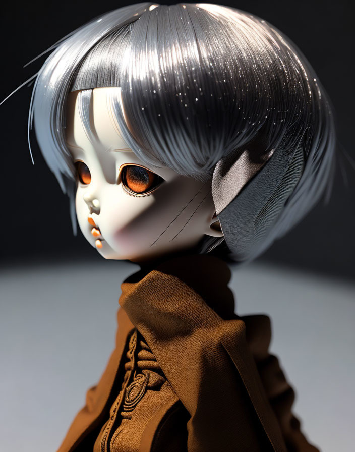 Silver-haired doll in brown outfit with orange eyes on dark gradient background