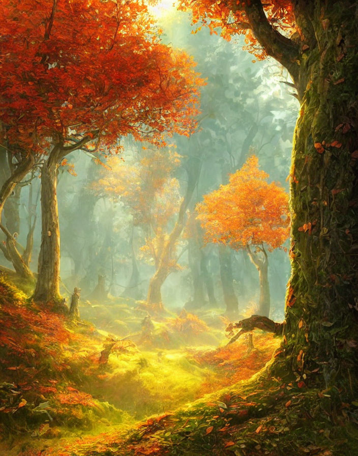 Ethereal forest with golden sunlight, red and orange autumn leaves, mossy path