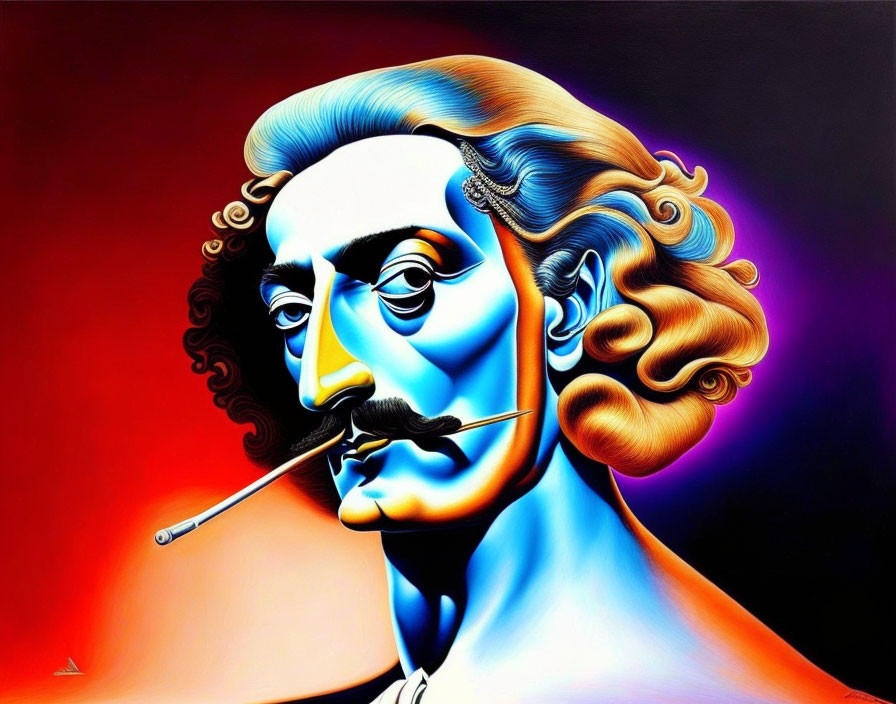 Vibrant digital artwork: stylized male figure with blue skin & striking mustache