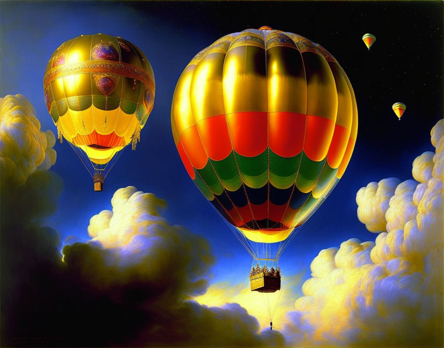 Vibrant hot air balloons in cloudy blue sky gradient