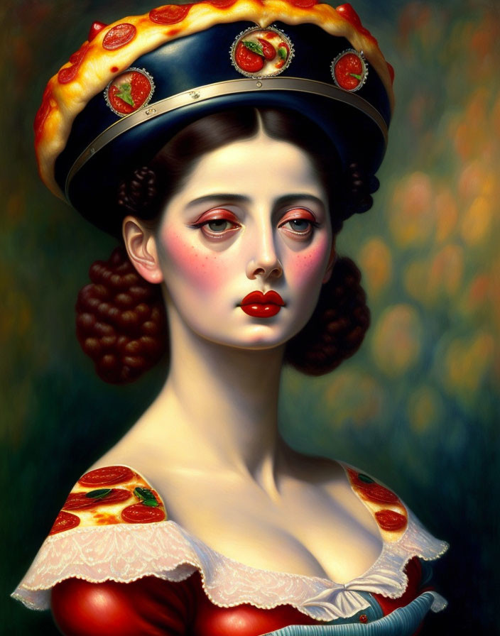 Surreal portrait of a woman with pizza hat and pepperoni dress.