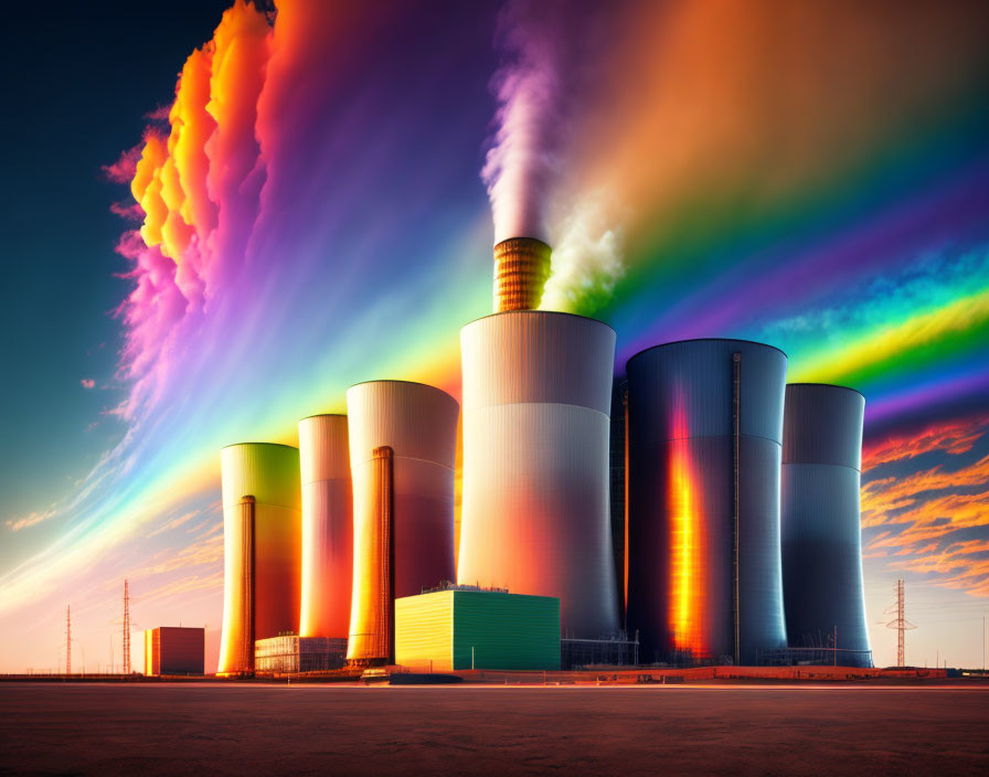 Vibrantly colored smoke from industrial cooling towers at sunset