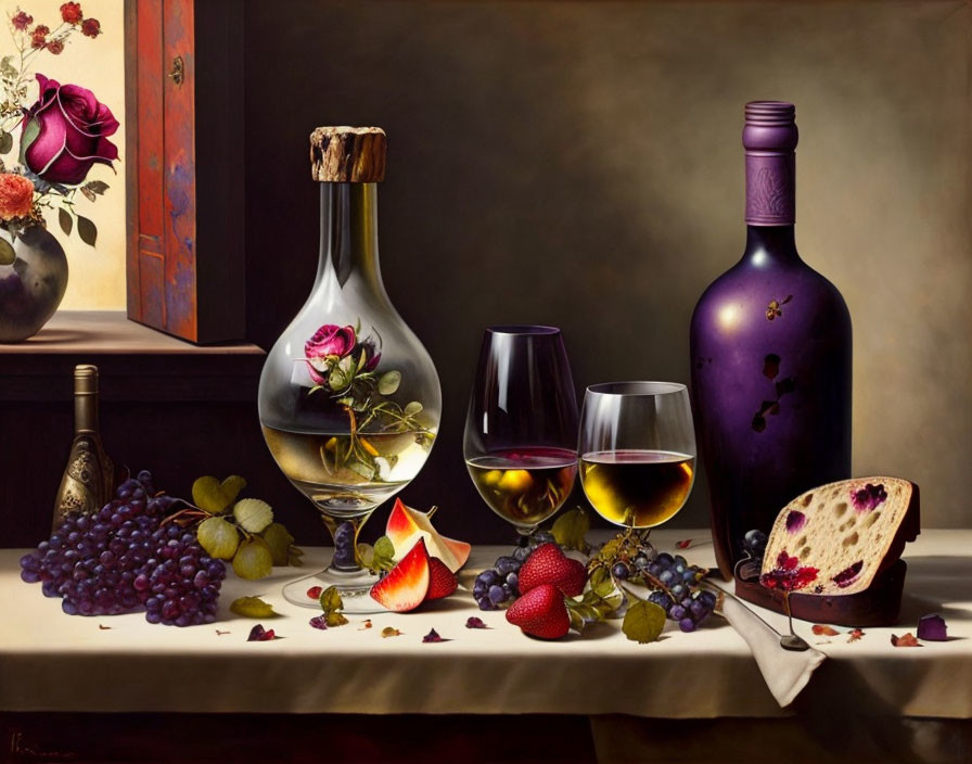 Classic Still-Life Painting with Wine Bottles, Fruits, and Flower