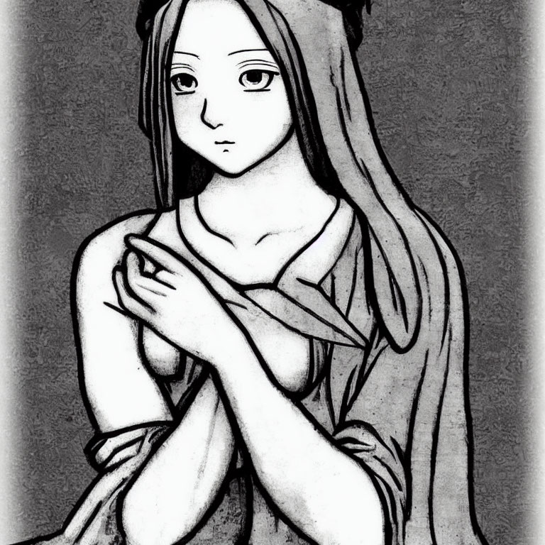 Monochrome sketch of a somber young woman with long hair and crossed hands